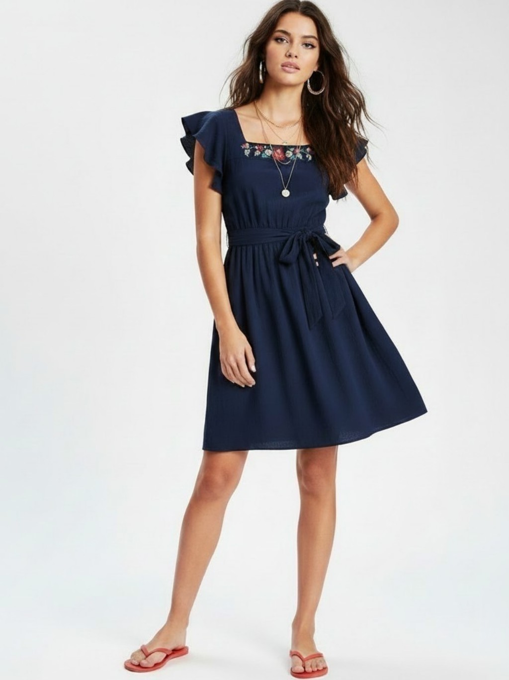 Modcloth Blue Embroidered Bohemian Lined Minidress, Square Neck, Zipper, Euc, S